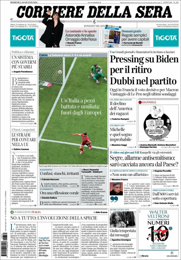 Portada de Corriere della Sera (Italia)