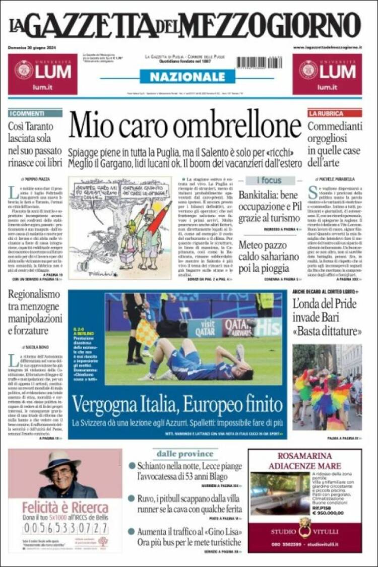 Portada de La Gazzetta del Mezzogiorno (Italia)