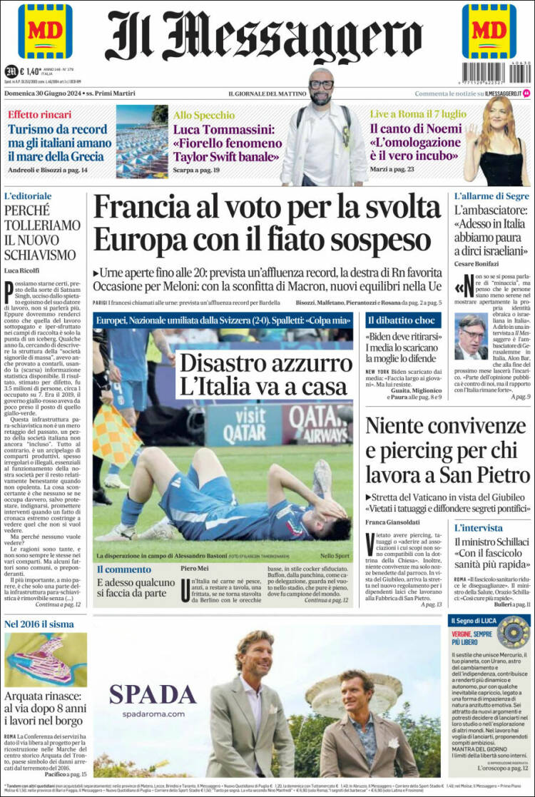 Portada de Il Messaggero (Italia)
