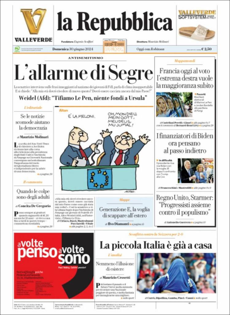 Portada de La Repubblica (Italia)