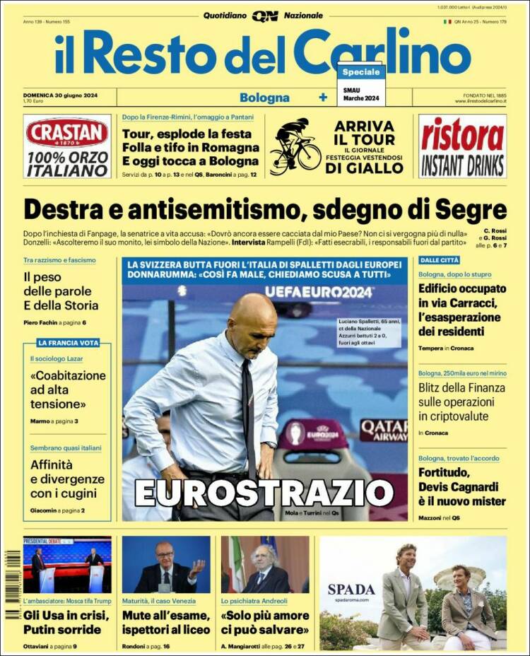 Portada de Il Resto del Carlino (Italia)