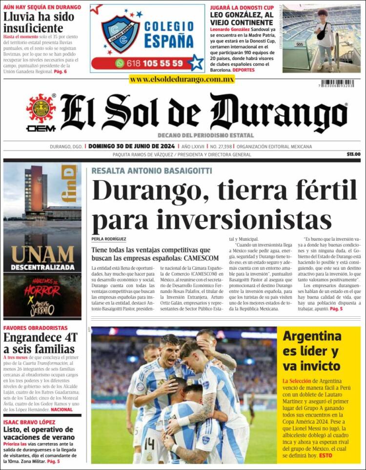 Portada de El Sol de Durango (M&eacute;xico)