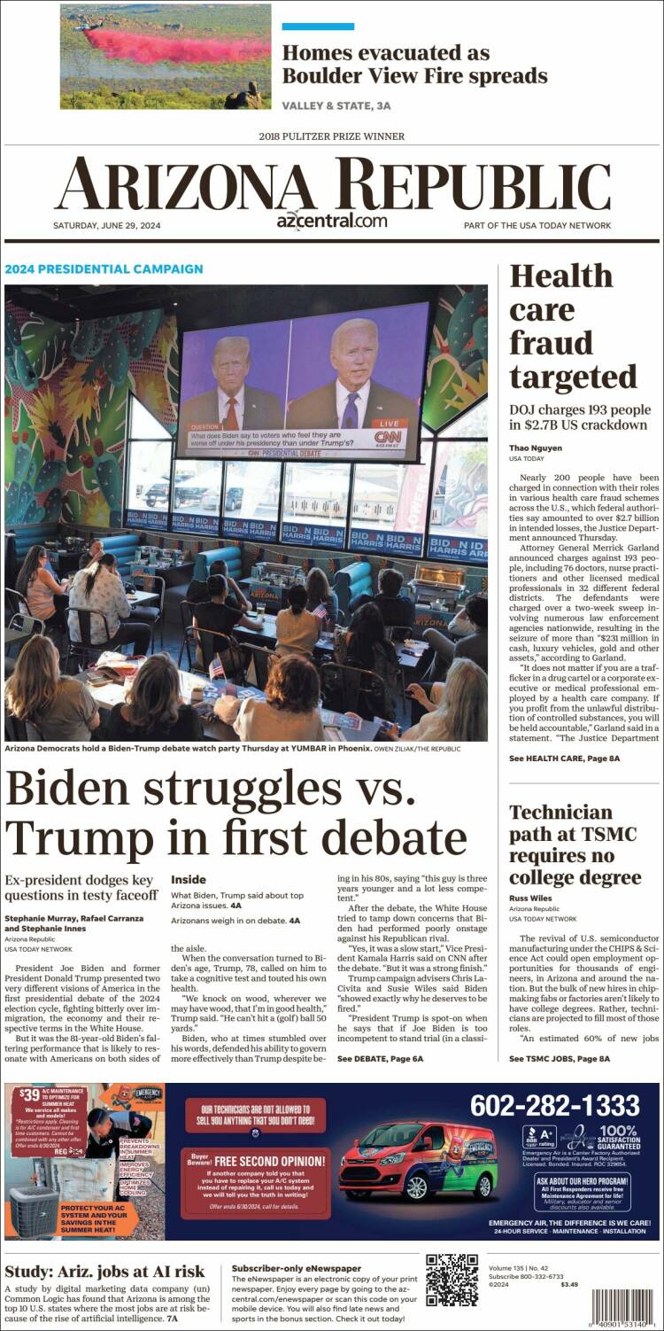 Portada de Arizona Republic News (USA)