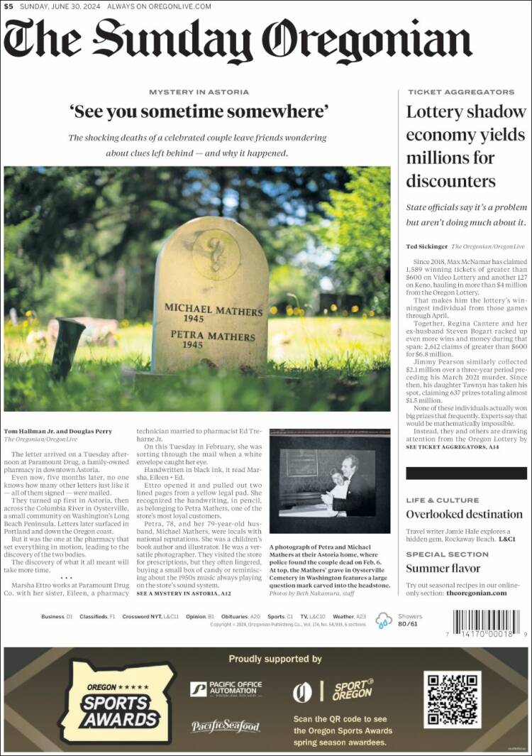 Portada de The Oregonian (USA)