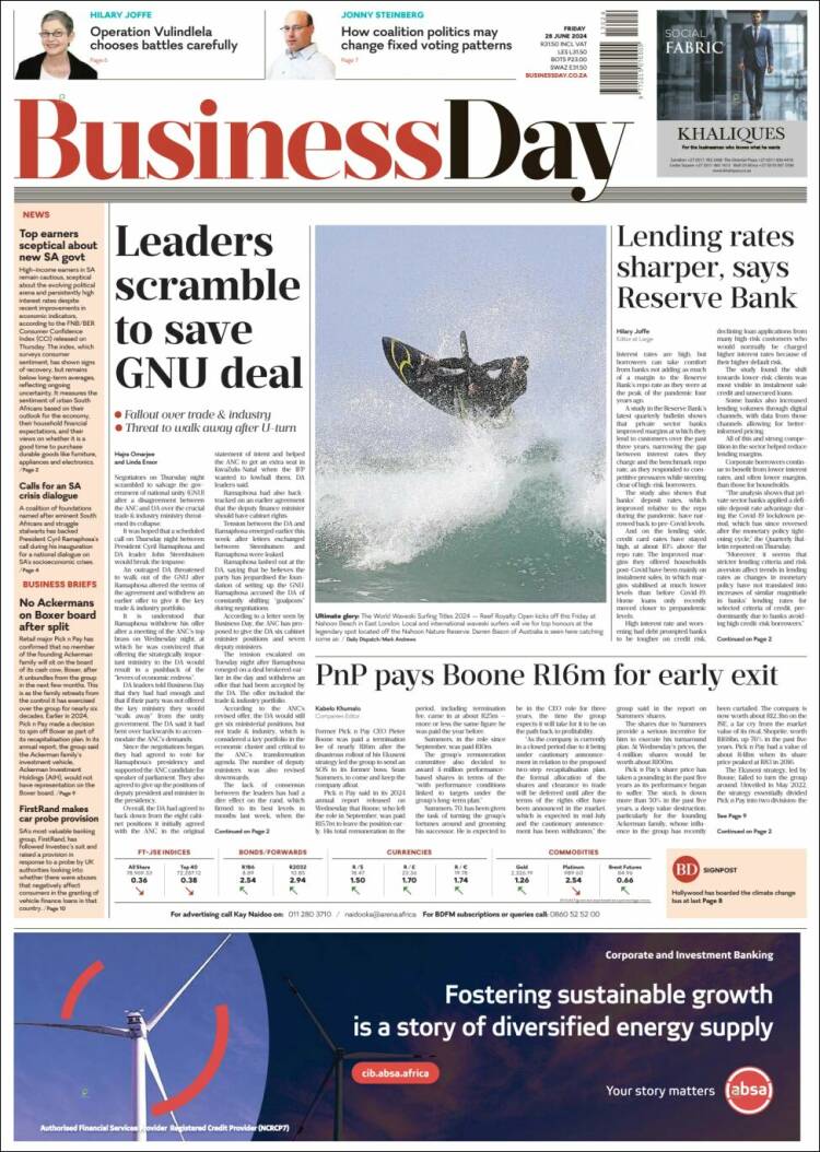 Portada de Business Day (Sud&aacute;frica)