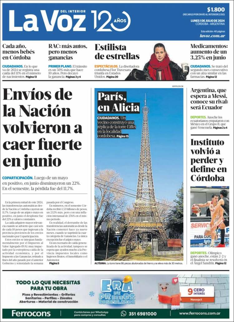 Portada de La Voz del Interior (Argentina)