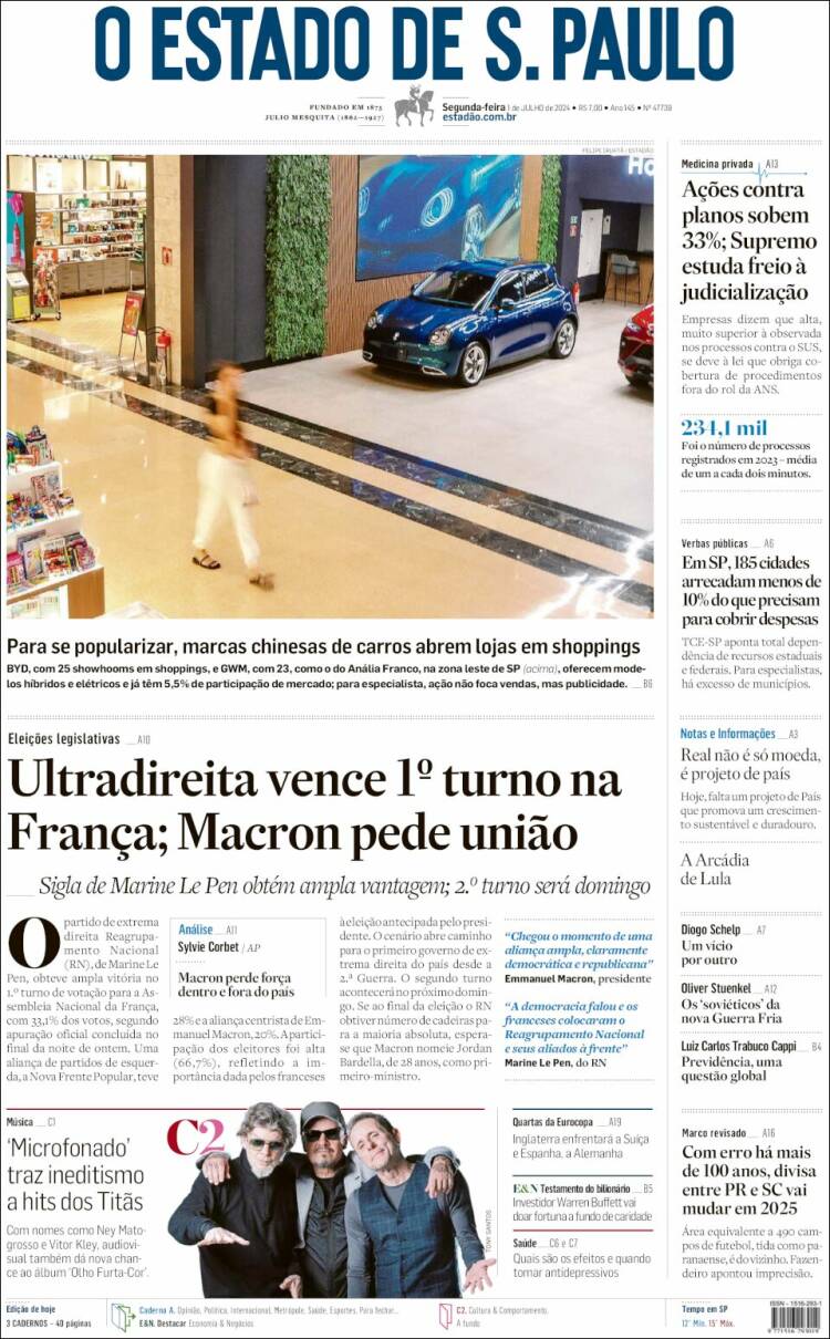 Portada de O Estado de São Paulo (Brasil)