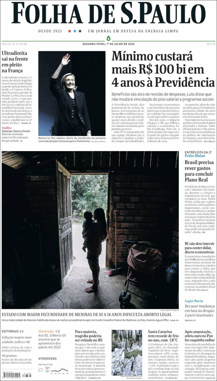 Portada de Folha de São Paulo (Brasil)