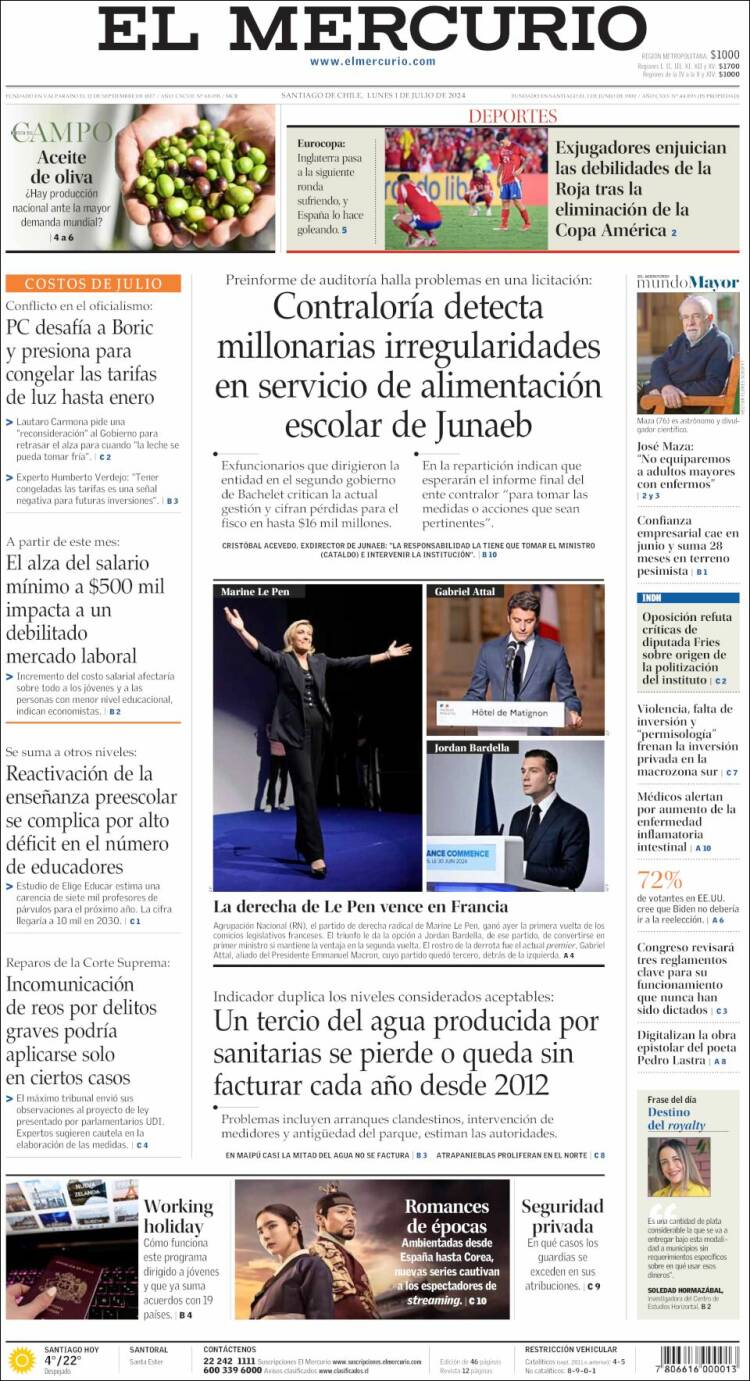 Portada de El Mercurio (Chile)