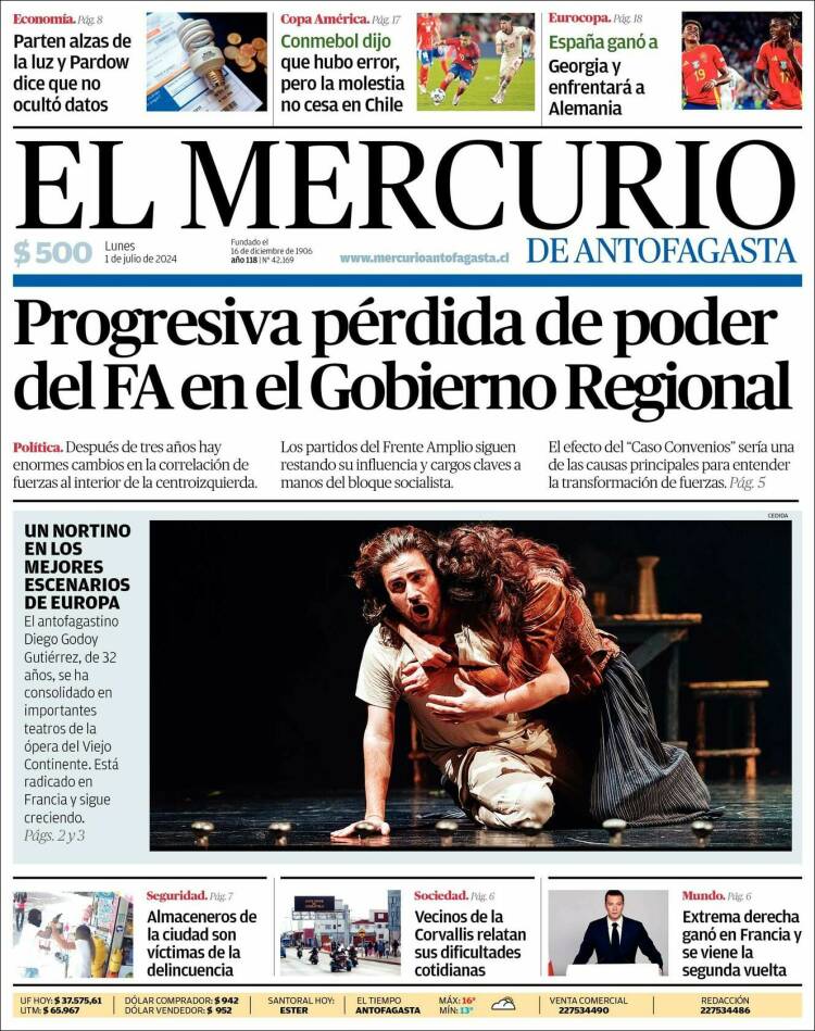 Portada de El Mercurio de Antofagasta (Chile)