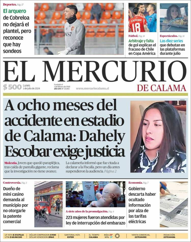 Portada de El Mercurio - Calama (Chile)