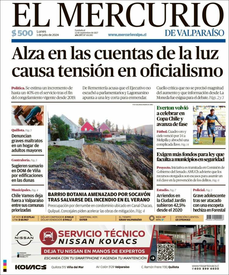 Portada de Mercurio de Valparaiso (Chile)