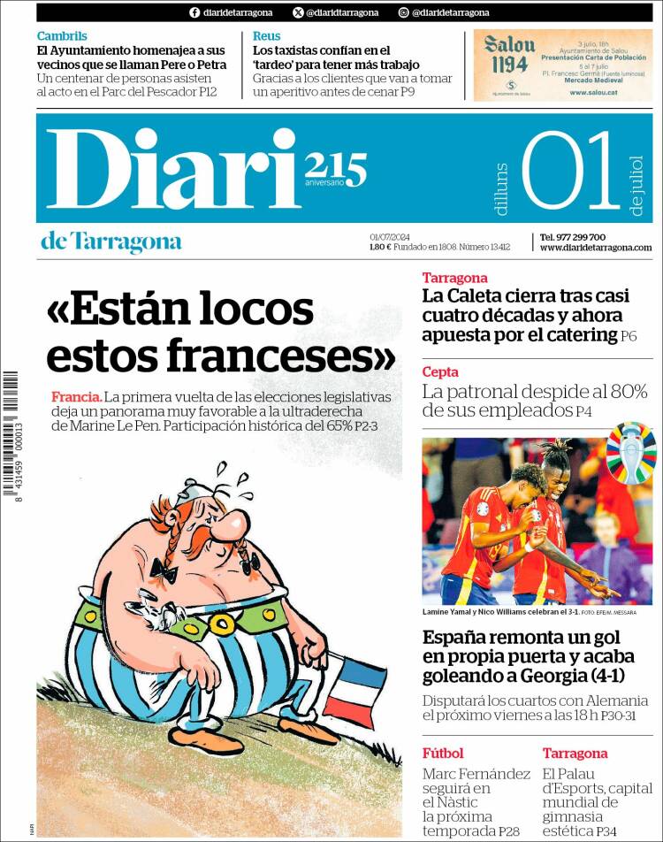 Portada de Diari de Tarragona (Espagne)