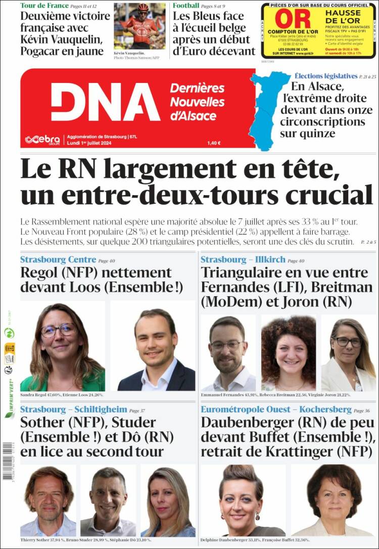 Portada de Les Dernières Nouvelles d'Alsace (Francia)