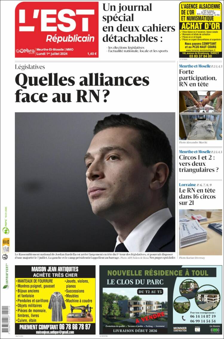 Portada de L'Est Republicain (Francia)