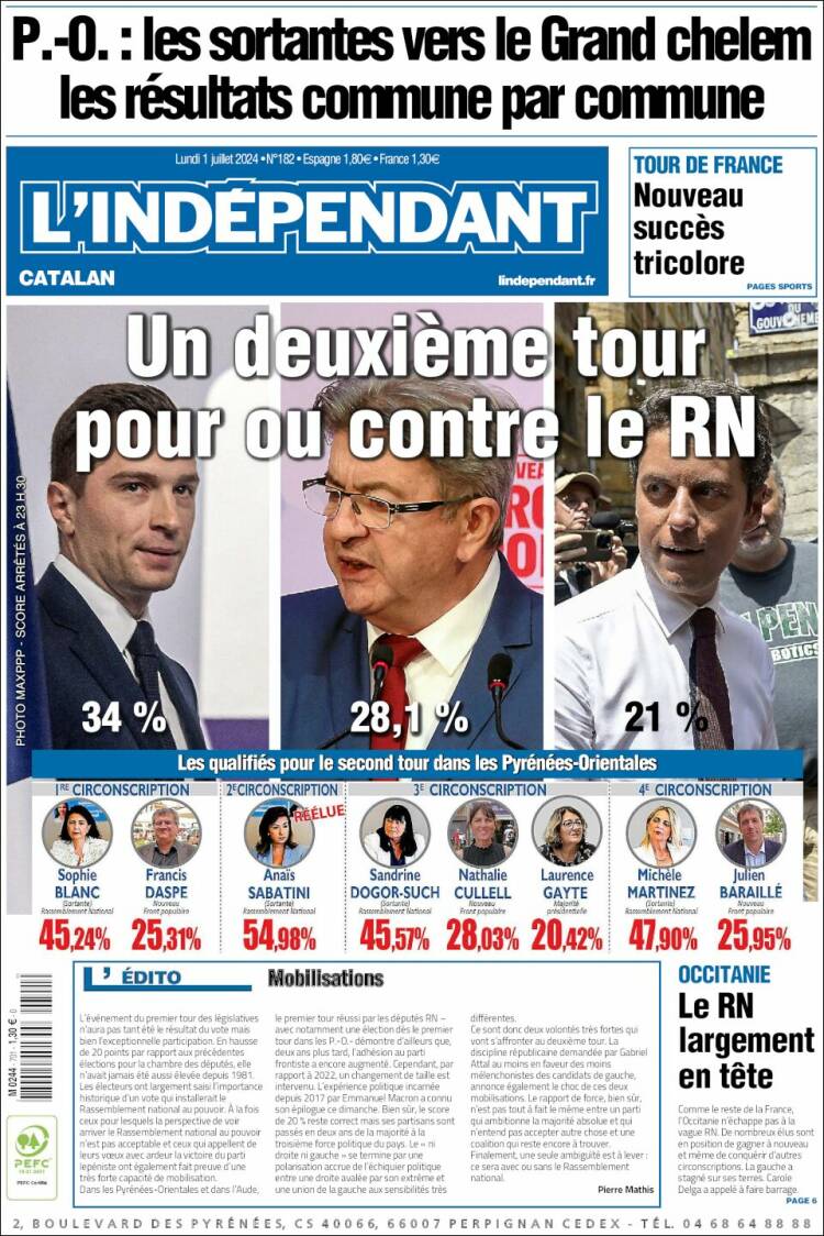 Portada de Le Indépendant (Francia)