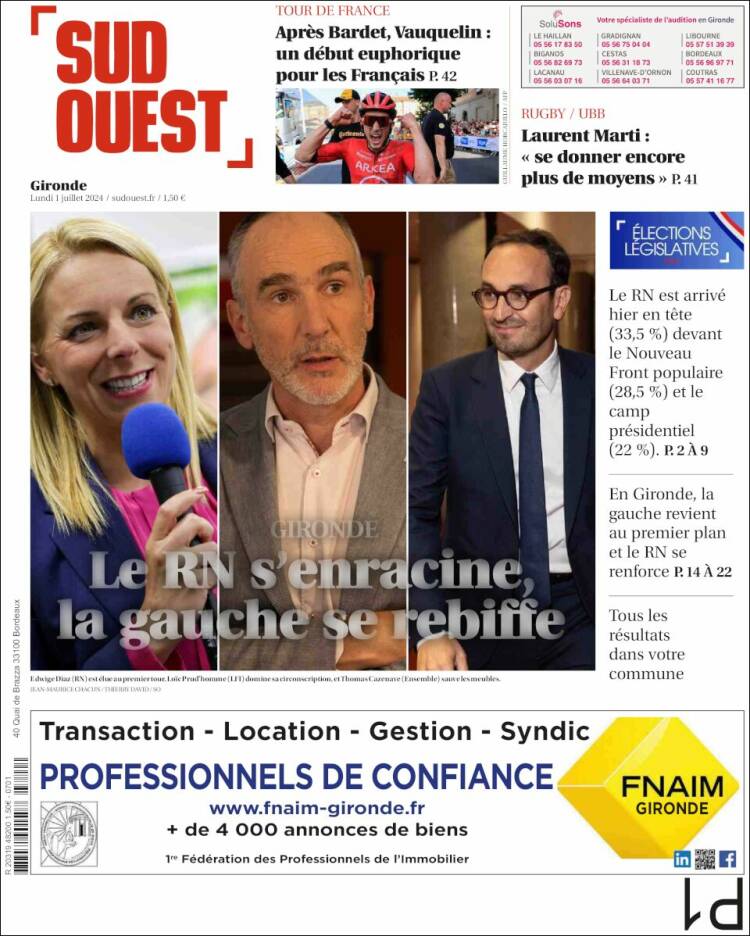 Portada de Sud Ouest (Francia)