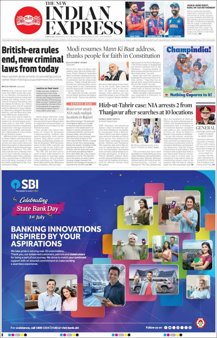 Portada de New Indian Express (India)