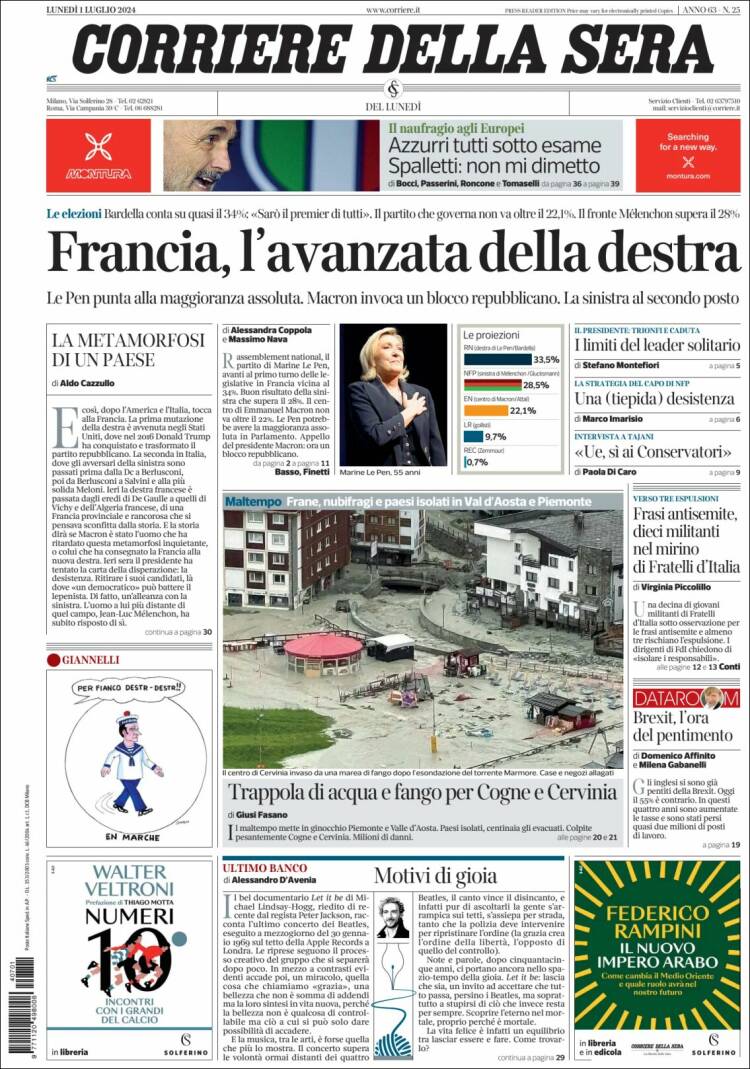 Portada de Corriere della Sera (Italia)