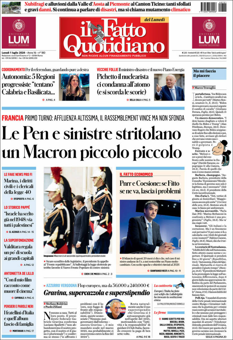 Portada de Il Fatto Quotidiano (Italia)