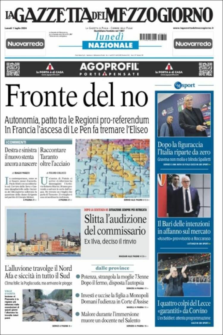 Portada de La Gazzetta del Mezzogiorno (Italia)