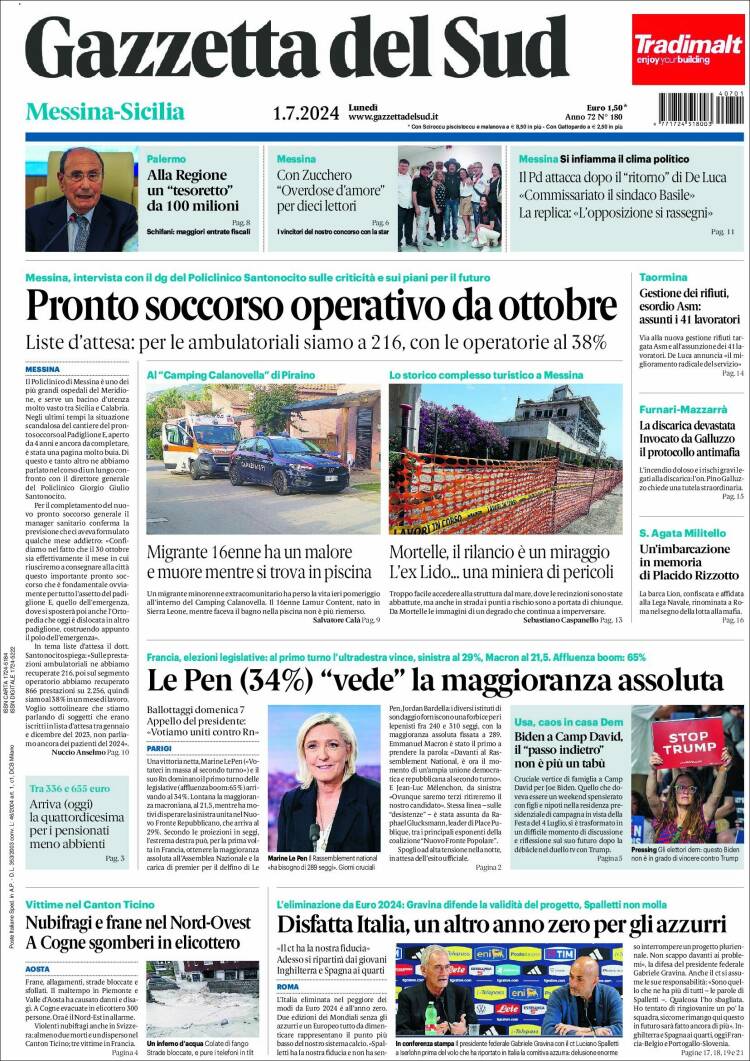 Portada de Gazzetta del Sud (Italia)