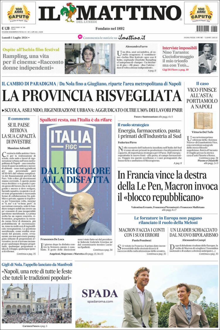 Portada de Il Mattino (Italia)