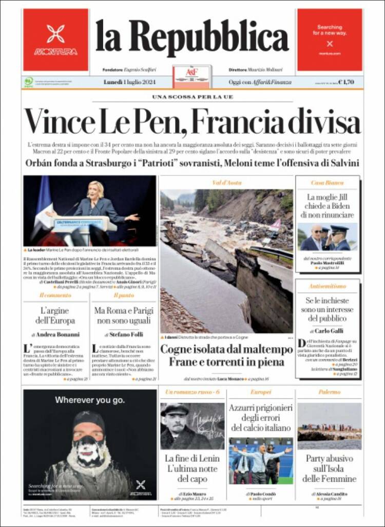 Portada de La Repubblica (Italia)