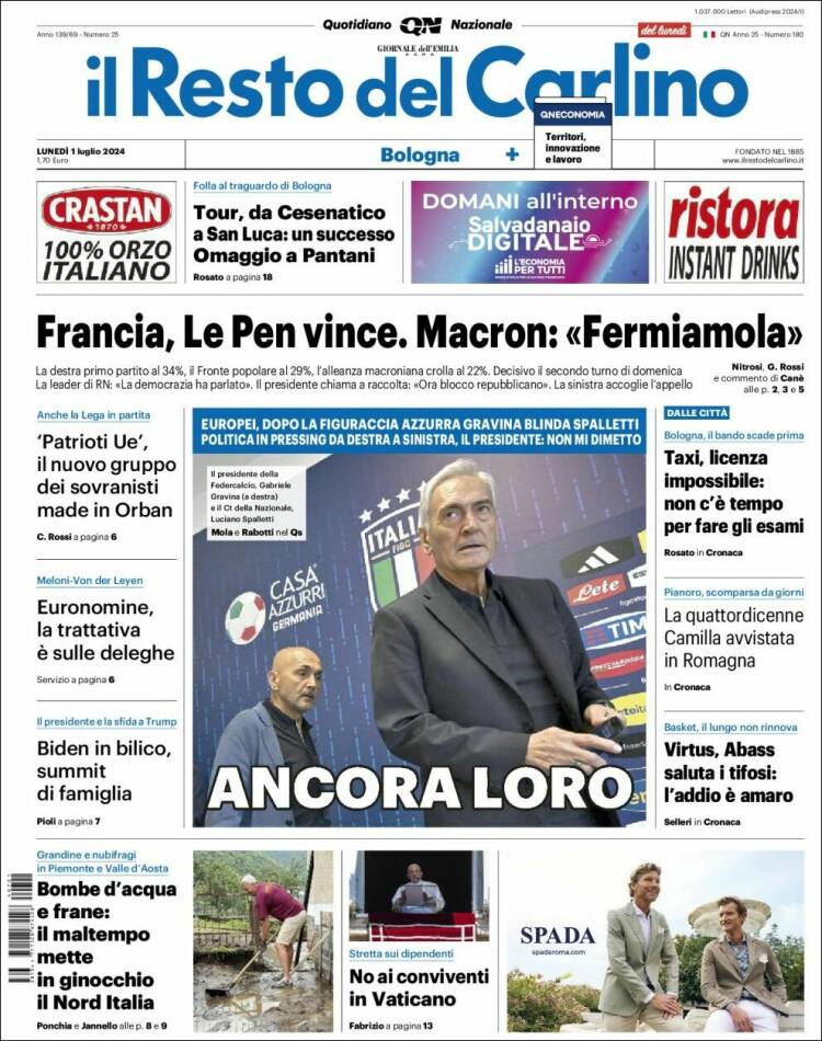 Portada de Il Resto del Carlino (Italia)