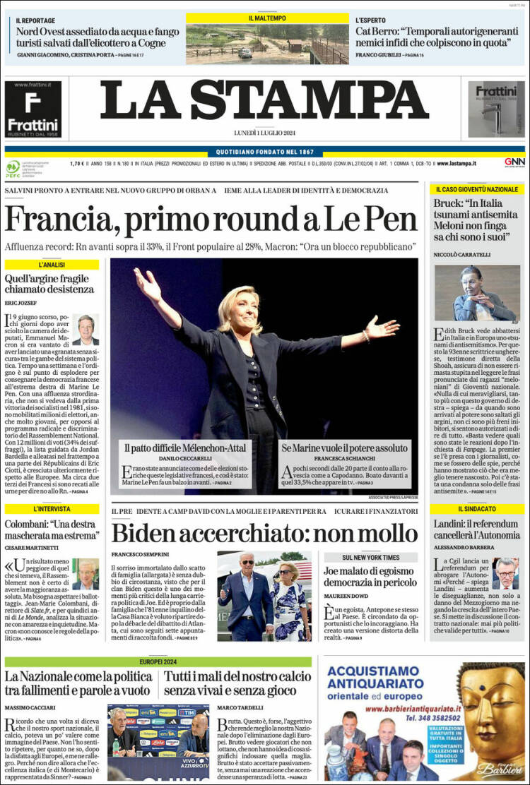 Portada de La Stampa (Italia)