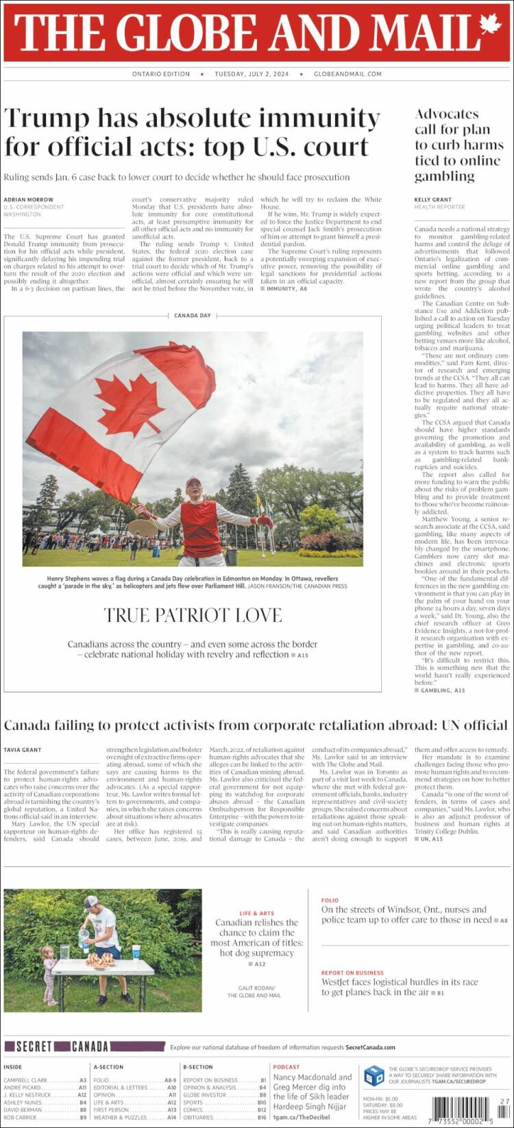 Portada de The Globe and Mail (Canadá)