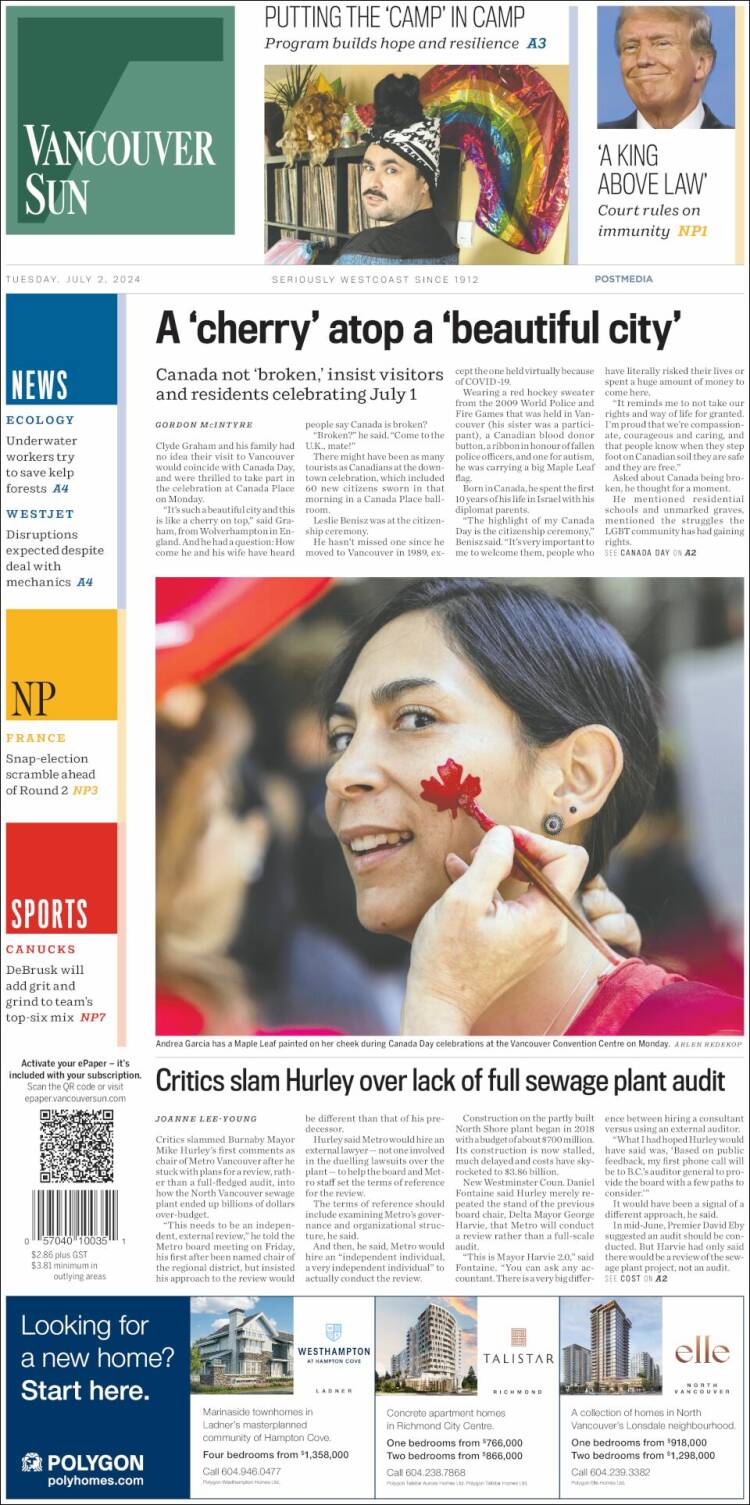 Portada de The Vancouver Sun (Canadá)