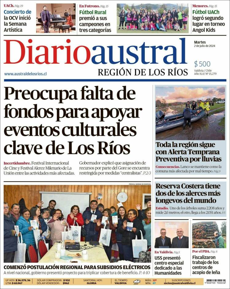 Portada de El Diario Austral de Valdivia (Chile)