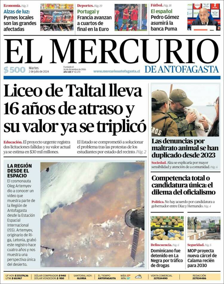 Portada de El Mercurio de Antofagasta (Chile)