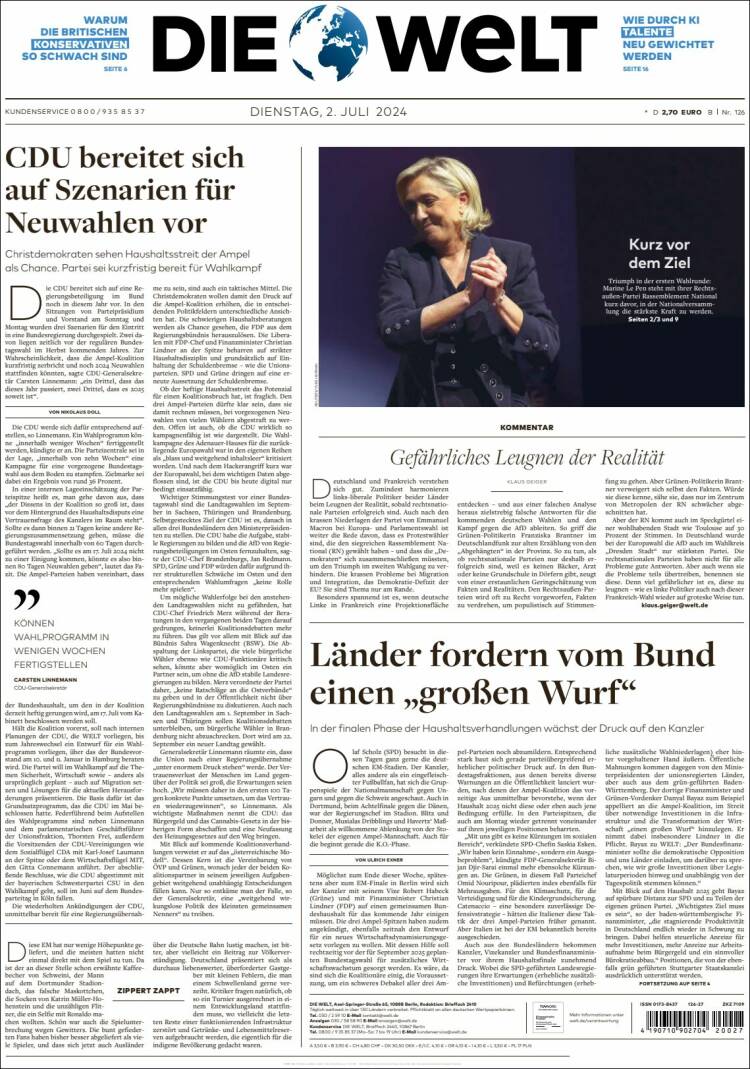 Portada de Die Welt (Alemania)
