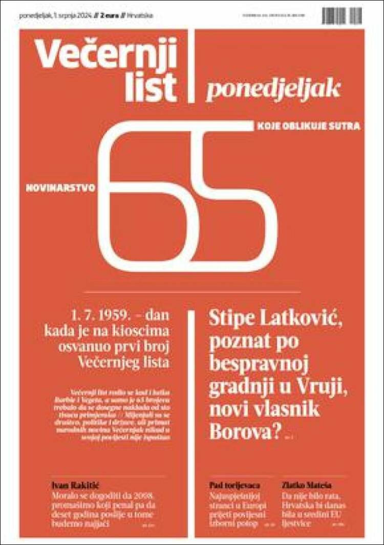 Portada de Večernji (Croacia)