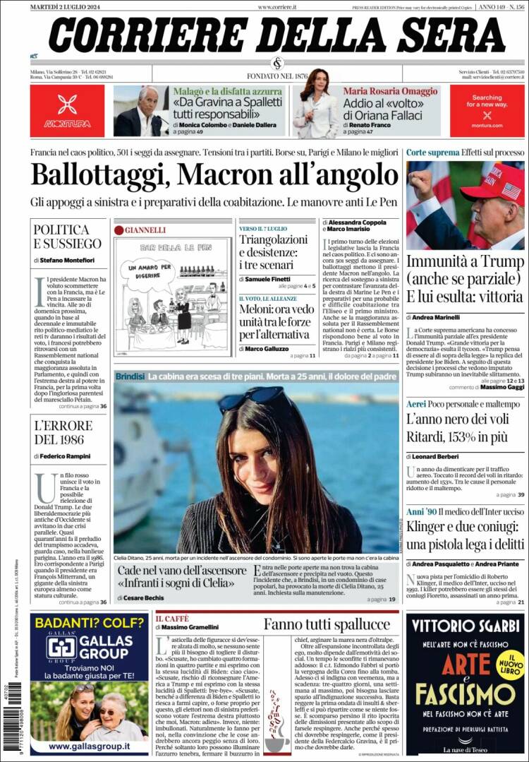Portada de Corriere della Sera (Italia)