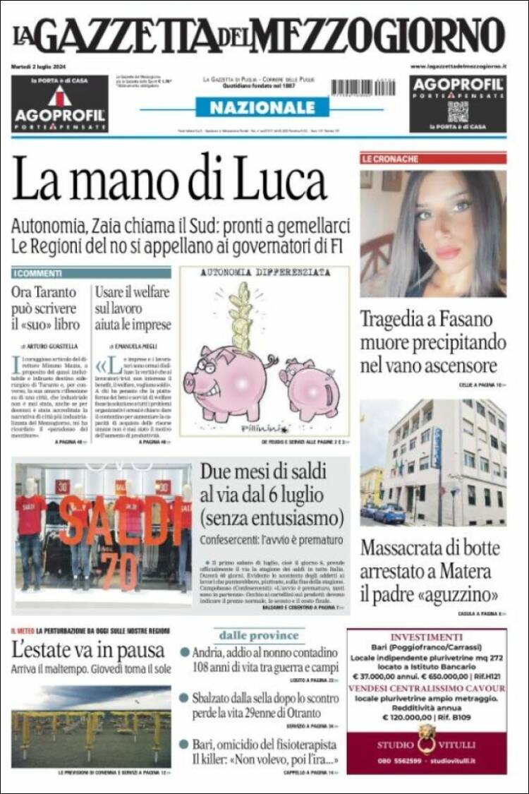 Portada de La Gazzetta del Mezzogiorno (Italia)