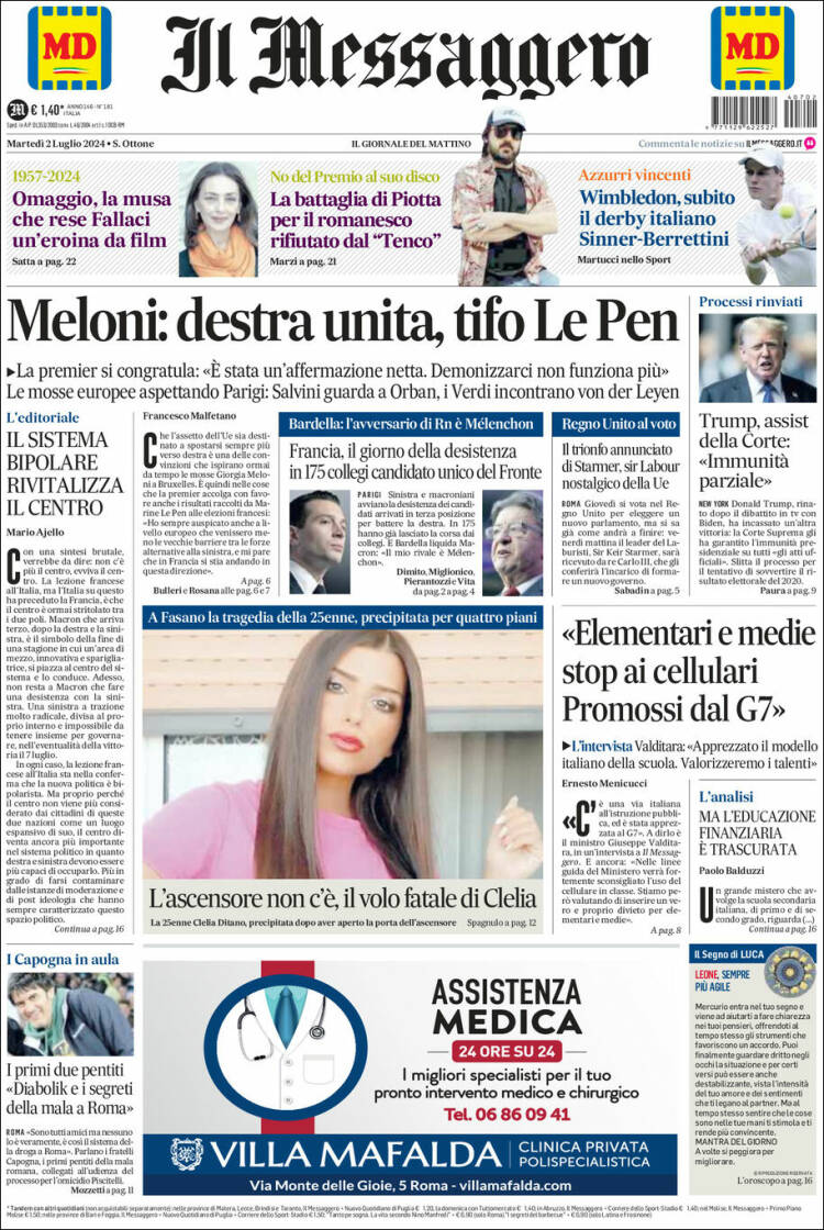 Portada de Il Messaggero (Italia)