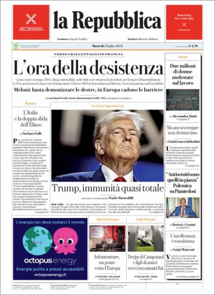 Portada de La Repubblica (Italia)