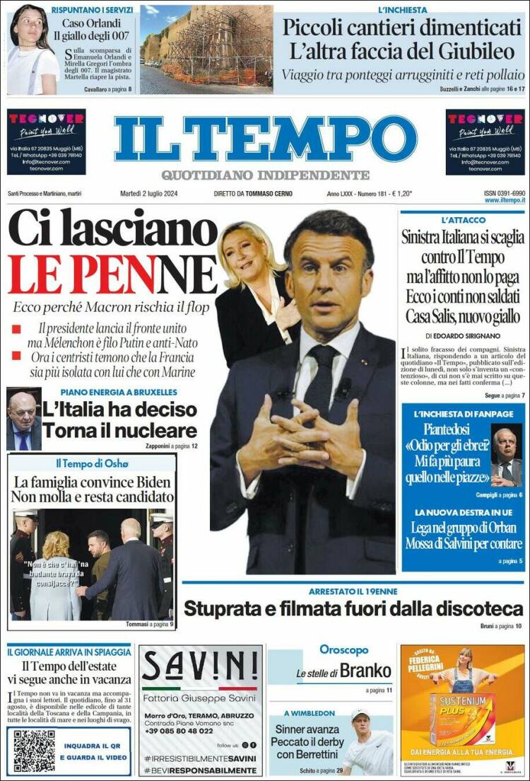 Portada de Il Tempo (Italia)