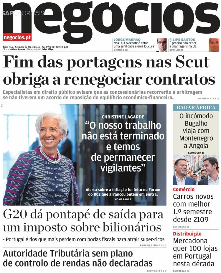 Portada de Jornal de Negócios (Portugal)