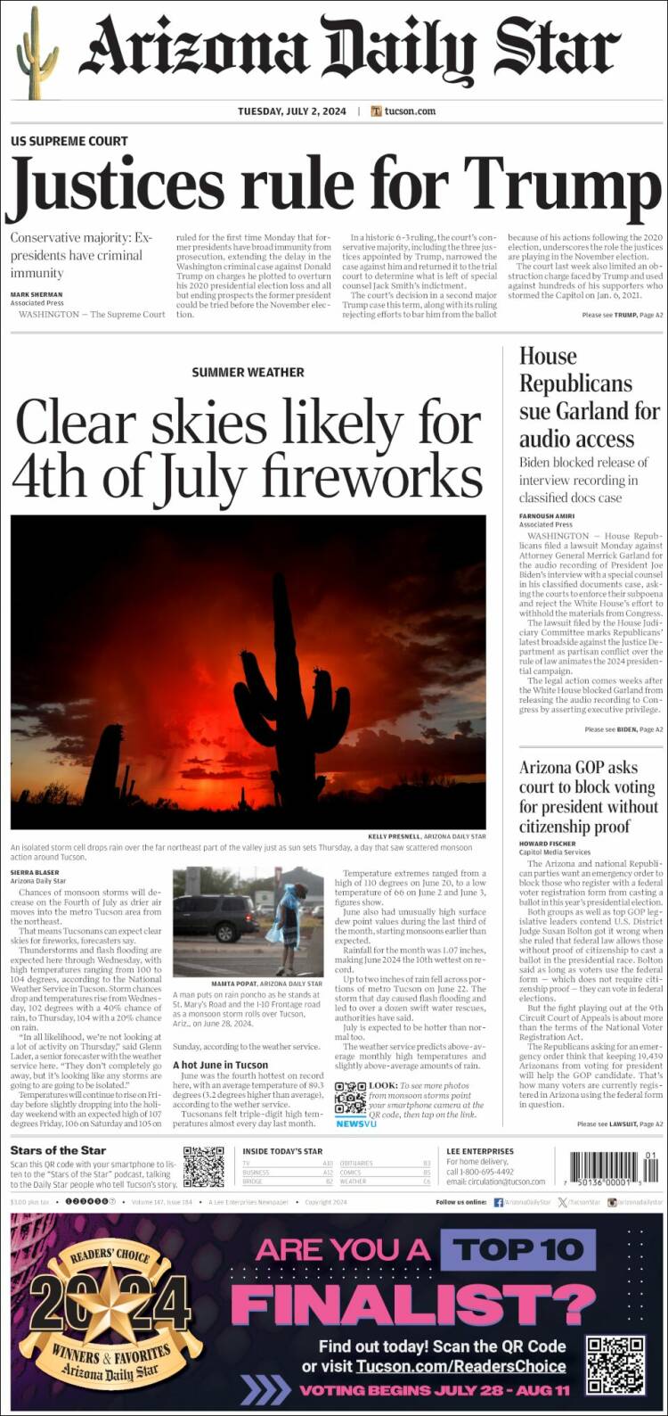 Portada de Arizona Daily Star (USA)