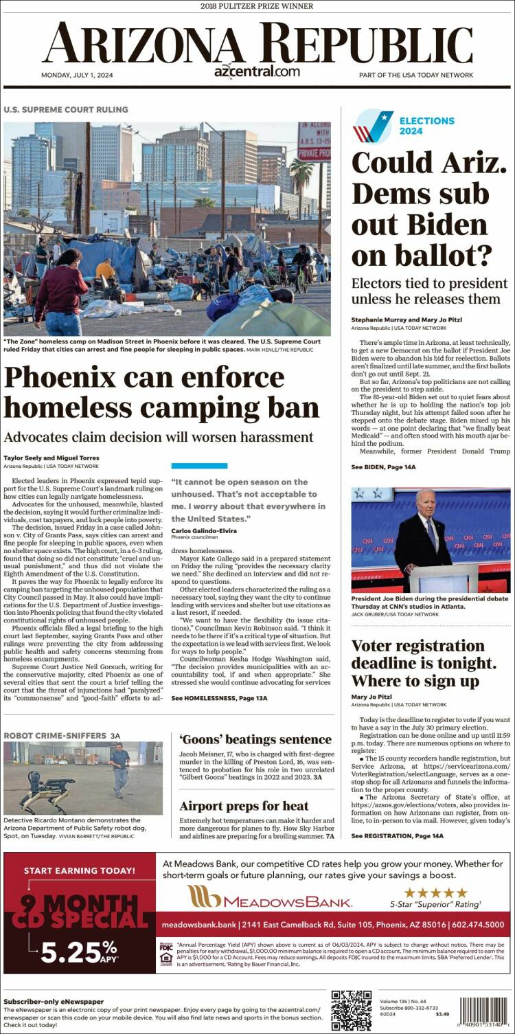 Portada de Arizona Republic News (USA)