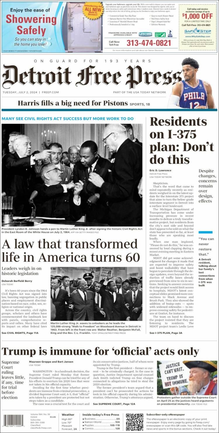 Portada de Detroit Free Press (USA)