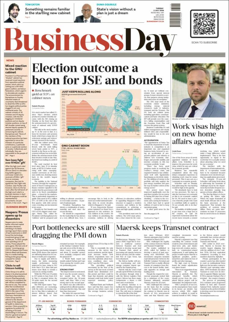 Portada de Business Day (Sud&aacute;frica)