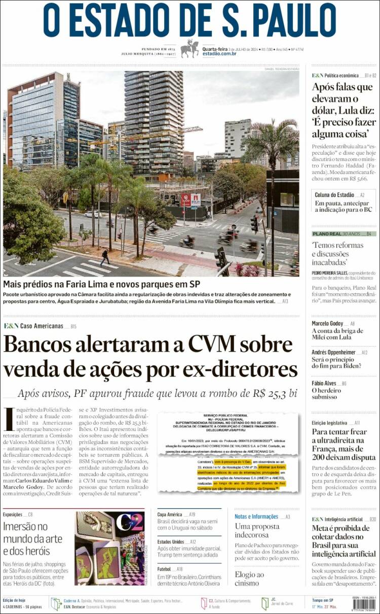 Portada de O Estado de São Paulo (Brasil)