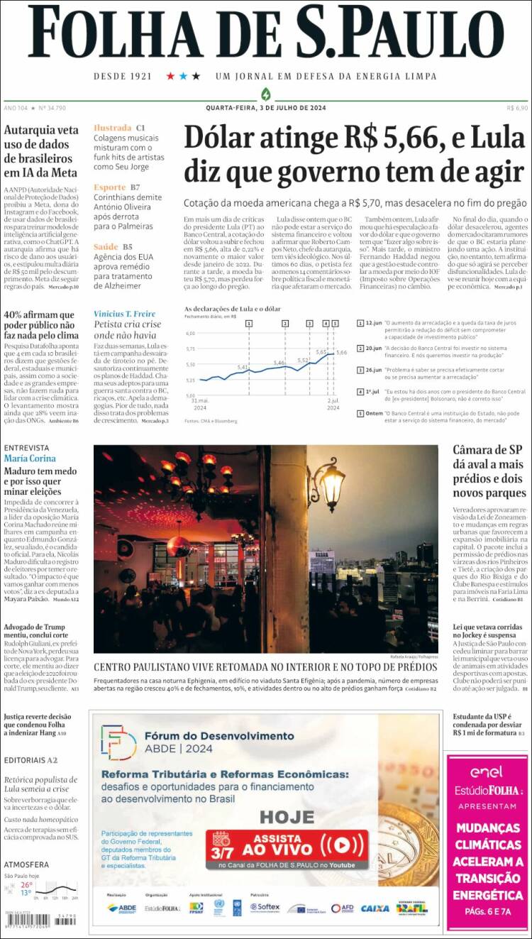 Portada de Folha de São Paulo (Brasil)