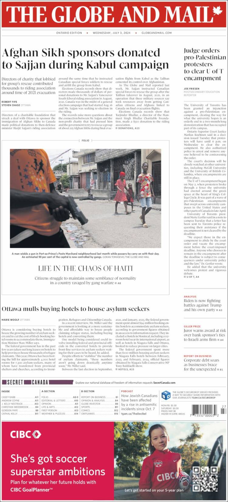 Portada de The Globe and Mail (Canadá)