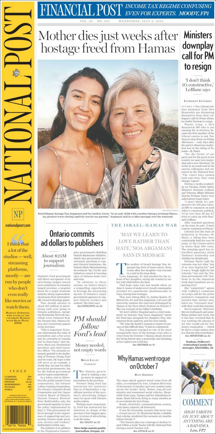 Portada de The National Post (Canadá)